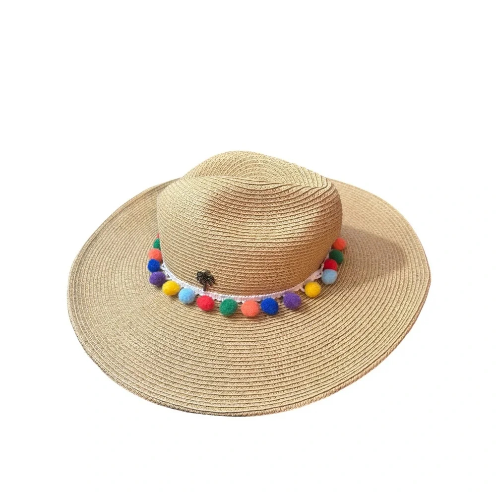 Sun N Sand Straw Sun Hat Tan Rainbow Pom Pom Palm Tree Charm Wide Brim Fedora